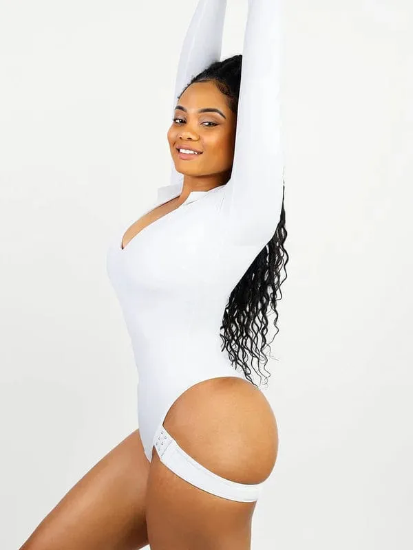 Deep V Neck Long Sleeve Shapewear Thong Bodysuit