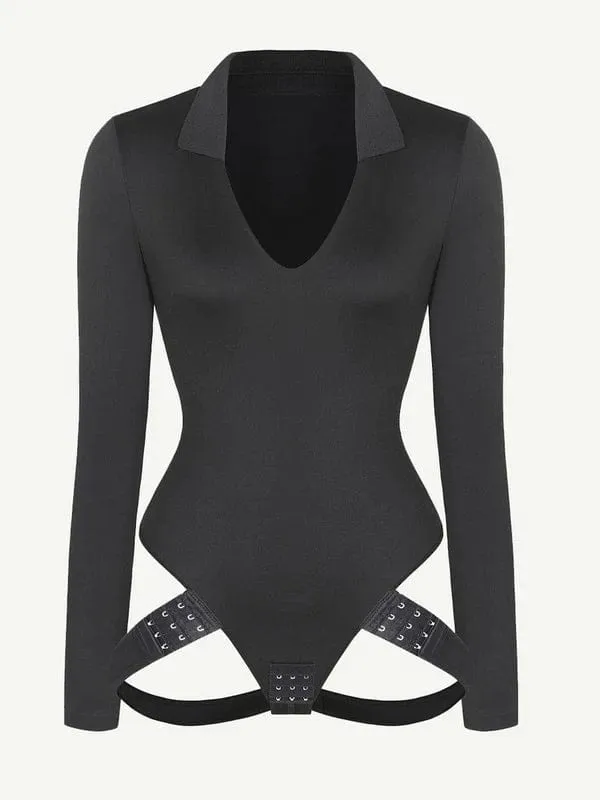 Deep V Neck Long Sleeve Shapewear Thong Bodysuit