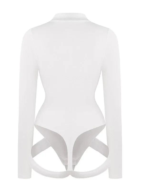 Deep V Neck Long Sleeve Shapewear Thong Bodysuit