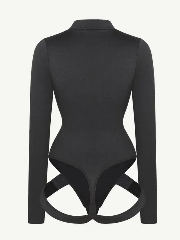 Deep V Neck Long Sleeve Shapewear Thong Bodysuit