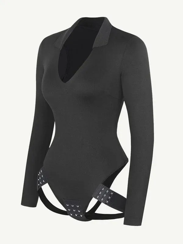 Deep V Neck Long Sleeve Shapewear Thong Bodysuit