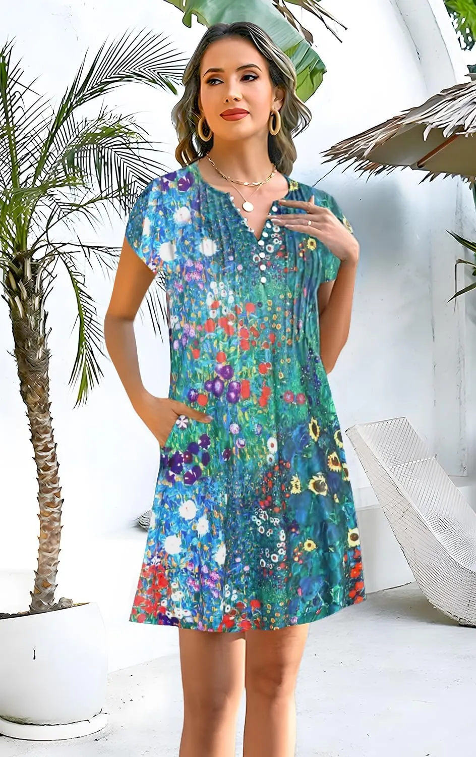 Disamer Womens Casual Dresses Short Sleeve Summer Dresses 2025 Boho Floral Beach Sundresses Spring A-Line Dress with Pockets