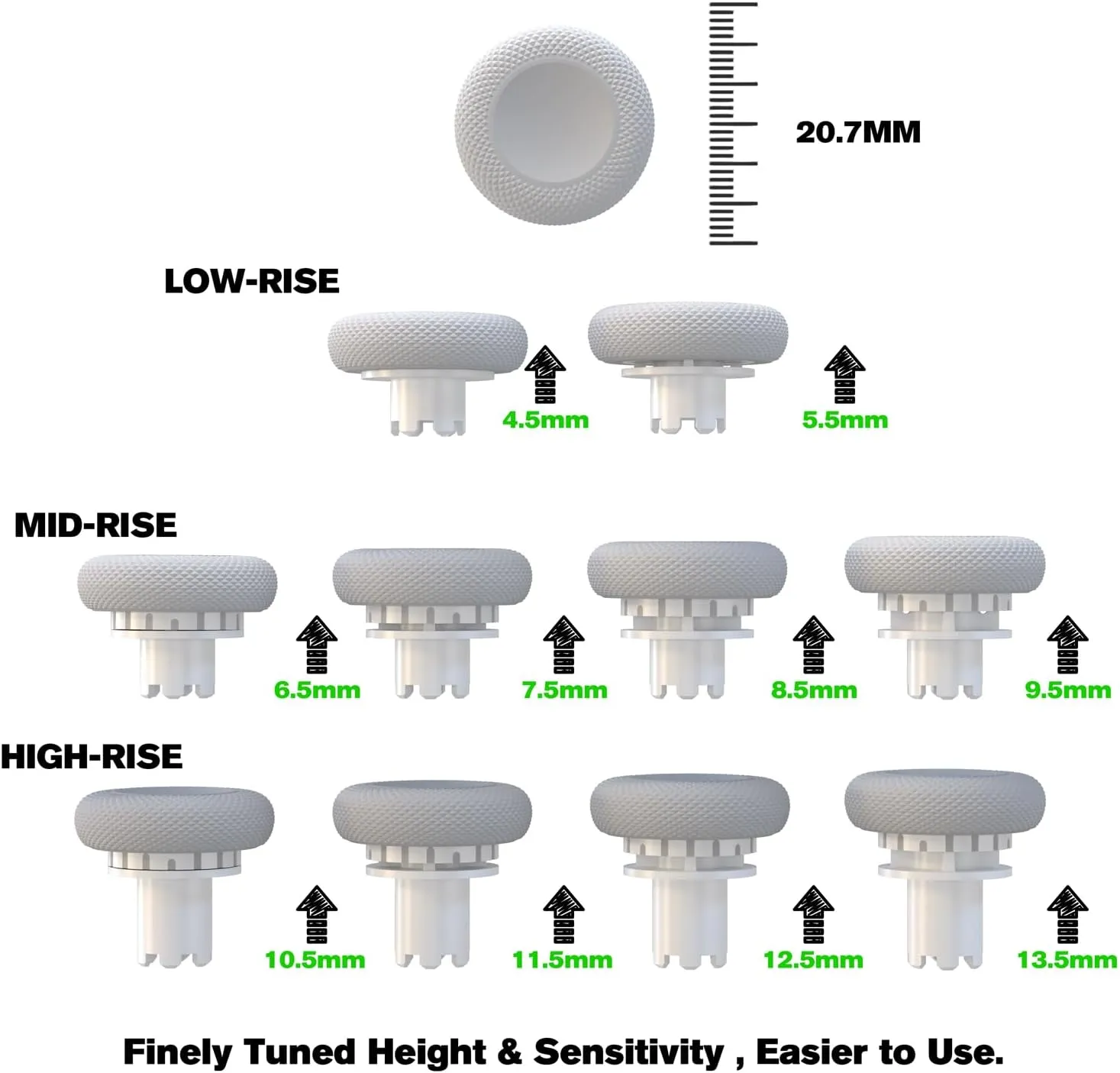 EXknight Controller Freaks for DualSense Edge, Height Adjustable Sticks for PS5 Pro Controller, 1 Low Rise(2 Heights), 1 Mid Rise(4 Heights), 1 High Rise(4 Heights) (White)