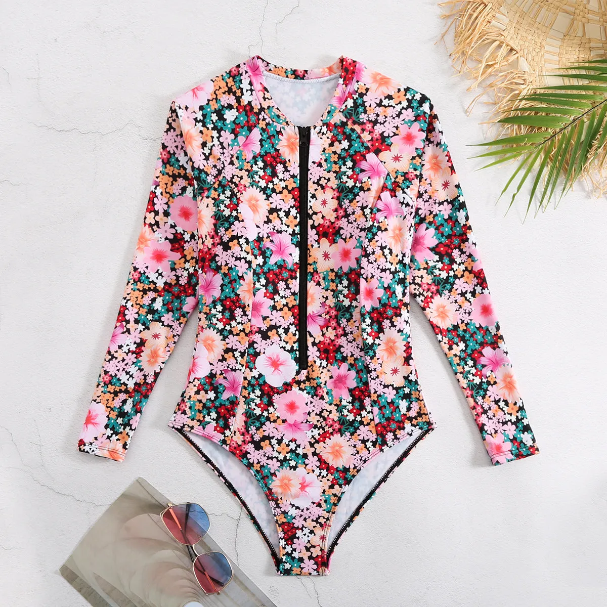 Floral Print One Piece Swimsuit Long Sleeve UPF50  Rash Guard
