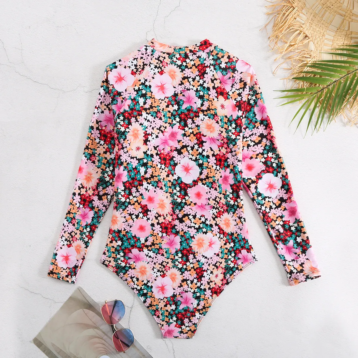 Floral Print One Piece Swimsuit Long Sleeve UPF50  Rash Guard