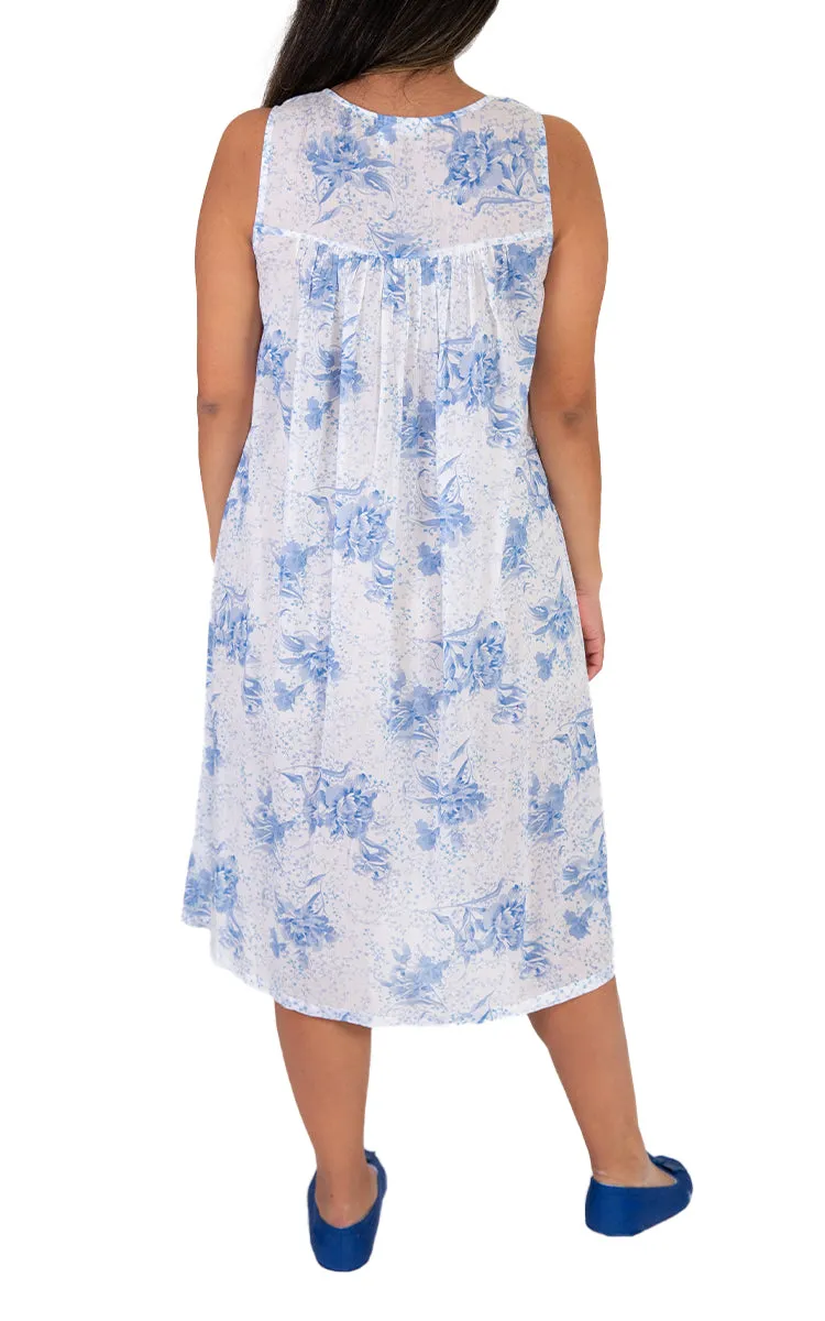 French Country 100% Cotton Nightgown Sleeveless in White and Blue Floral FCB243V