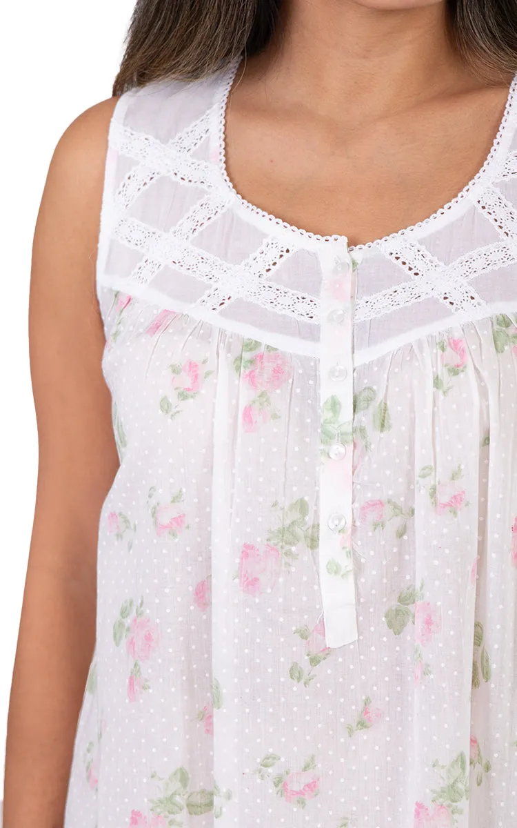 French Country 100% Cotton Nightgown Sleeveless in White and Pink Floral FCW132V