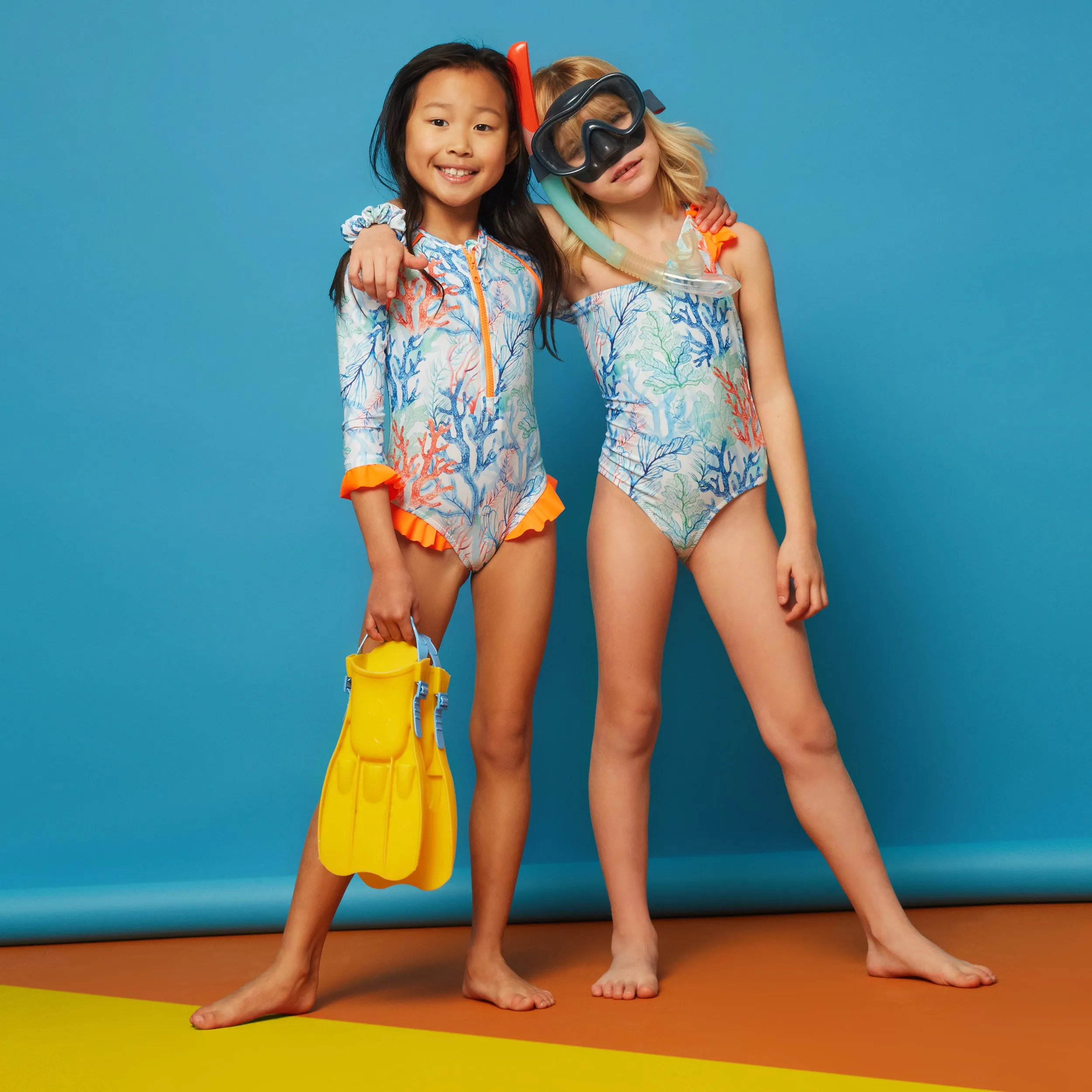 GIRL'S ONE PIECE LONG SLEEVE RUFFLES CORALS