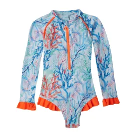 GIRL'S ONE PIECE LONG SLEEVE RUFFLES CORALS