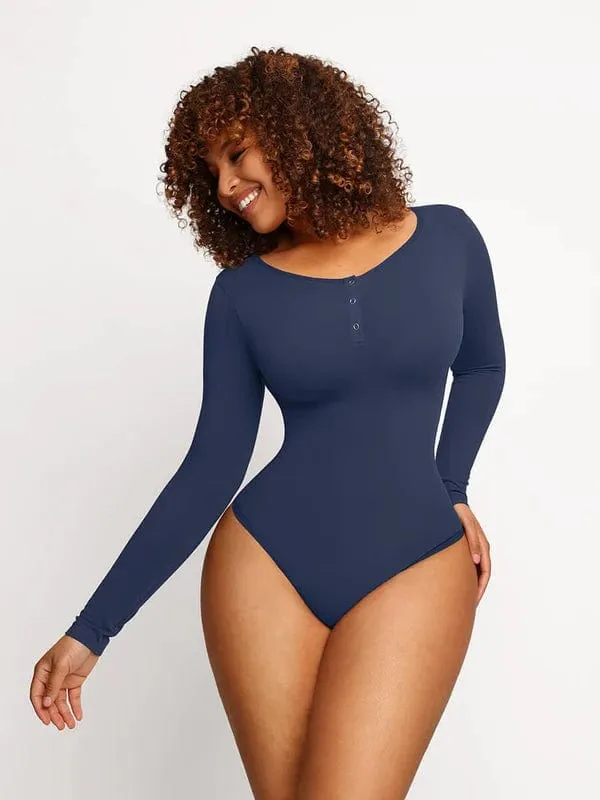 High Compression Scoop Neck Long Sleeve Thong Shapewear Bodysuit