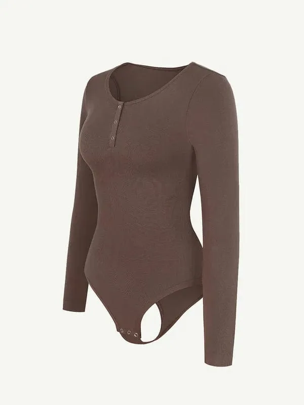 High Compression Scoop Neck Long Sleeve Thong Shapewear Bodysuit