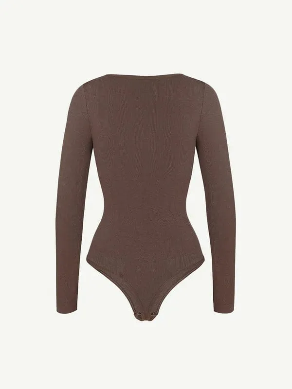 High Compression Scoop Neck Long Sleeve Thong Shapewear Bodysuit