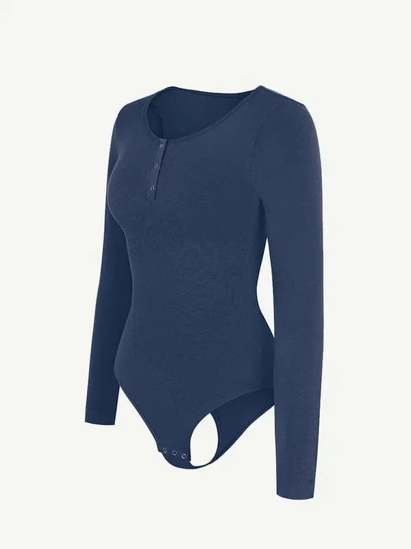 High Compression Scoop Neck Long Sleeve Thong Shapewear Bodysuit