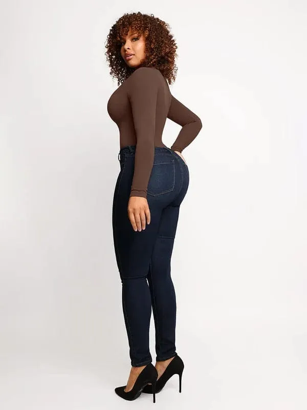 High Compression Scoop Neck Long Sleeve Thong Shapewear Bodysuit