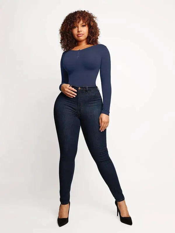 High Compression Scoop Neck Long Sleeve Thong Shapewear Bodysuit