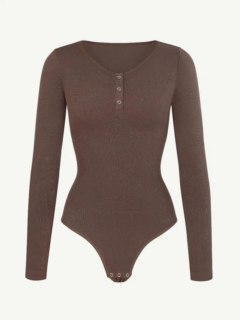 High Compression Scoop Neck Long Sleeve Thong Shapewear Bodysuit