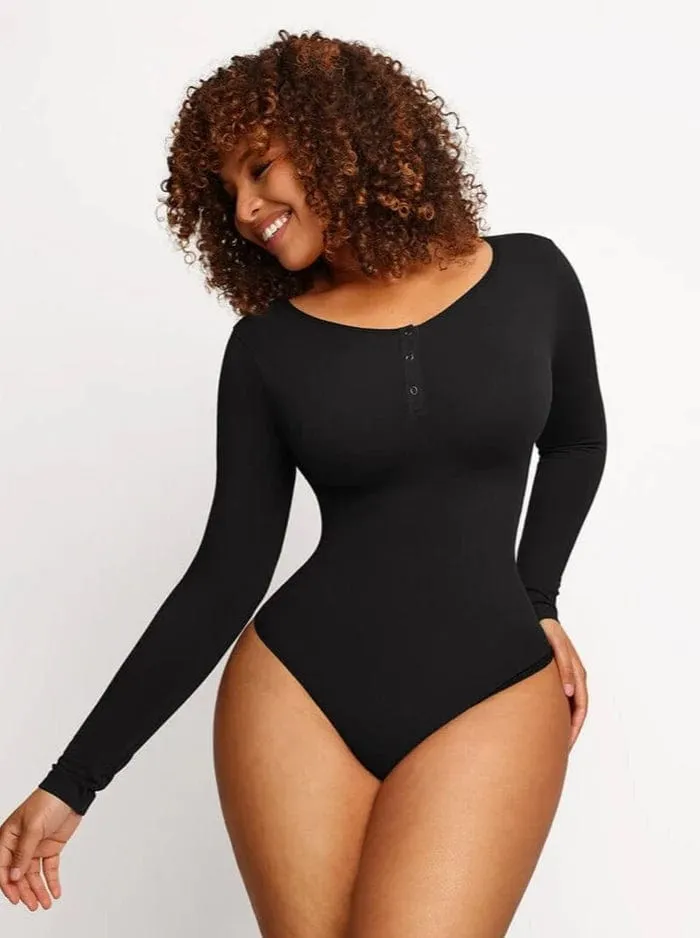 High Compression Scoop Neck Long Sleeve Thong Shapewear Bodysuit