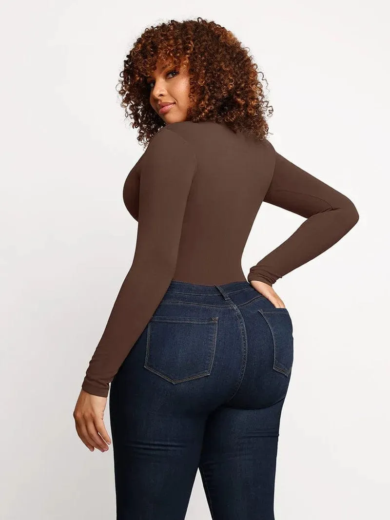 High Compression Scoop Neck Long Sleeve Thong Shapewear Bodysuit