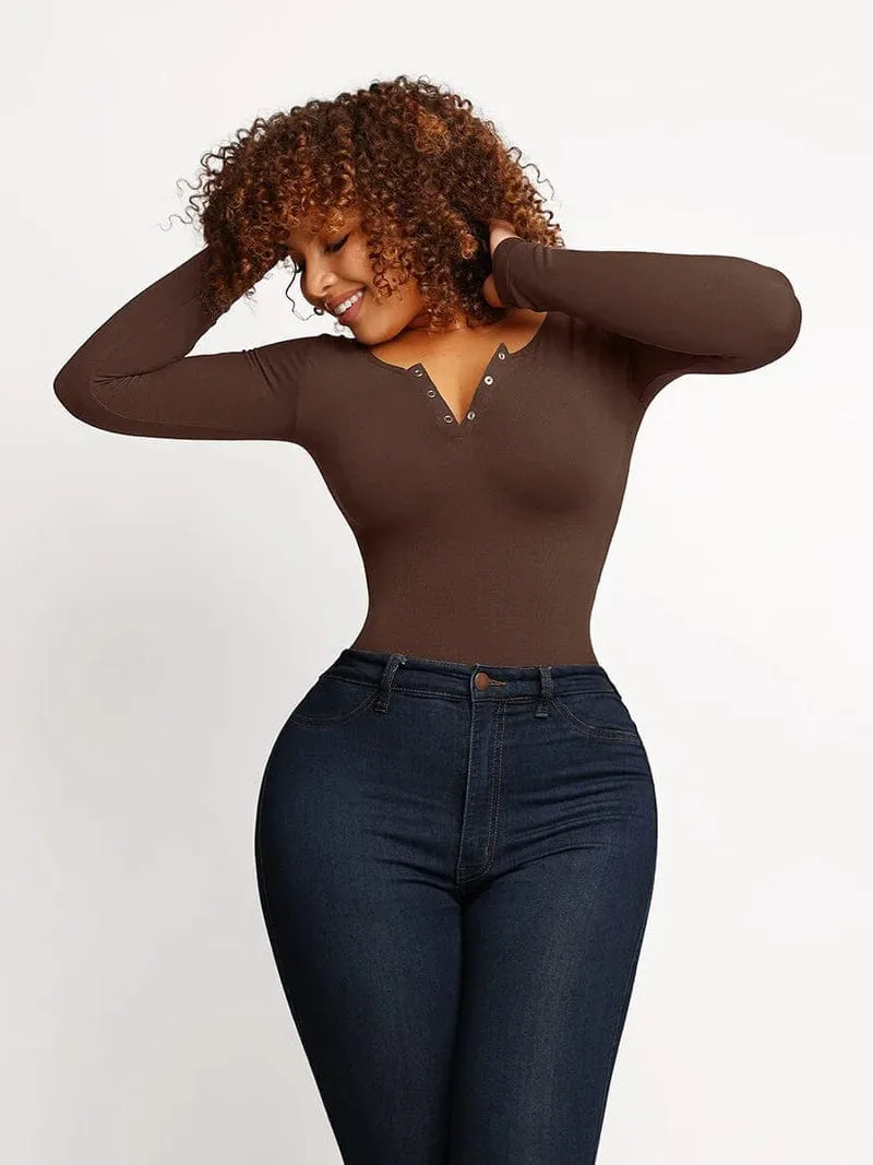 High Compression Scoop Neck Long Sleeve Thong Shapewear Bodysuit
