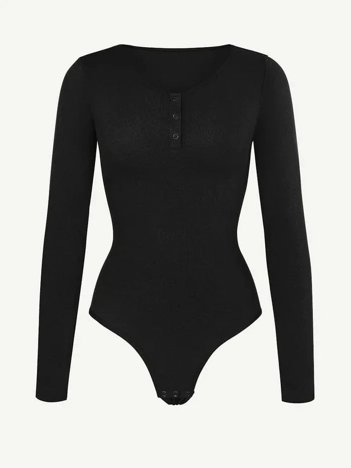 High Compression Scoop Neck Long Sleeve Thong Shapewear Bodysuit