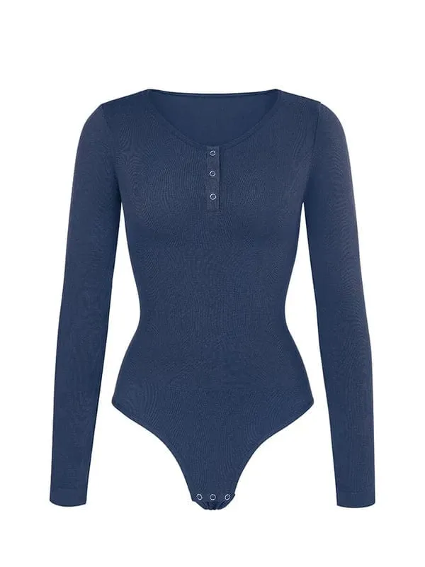 High Compression Scoop Neck Long Sleeve Thong Shapewear Bodysuit