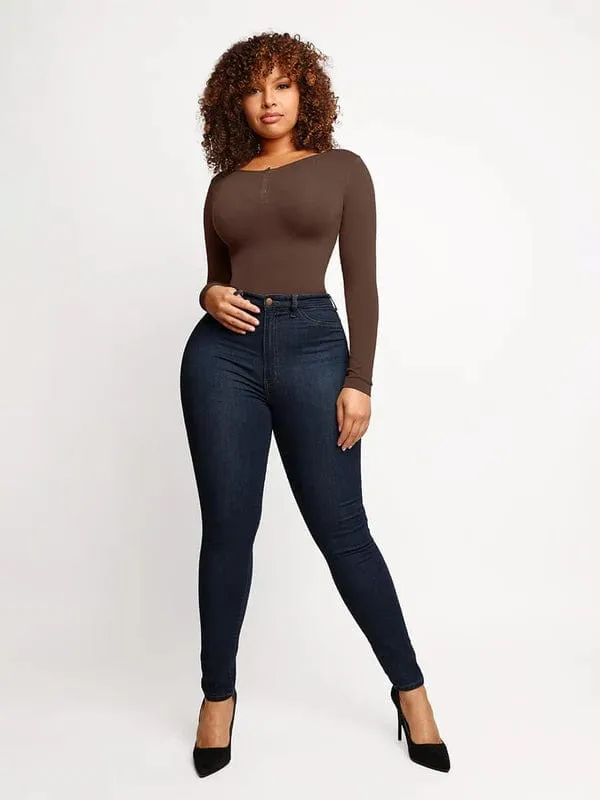 High Compression Scoop Neck Long Sleeve Thong Shapewear Bodysuit