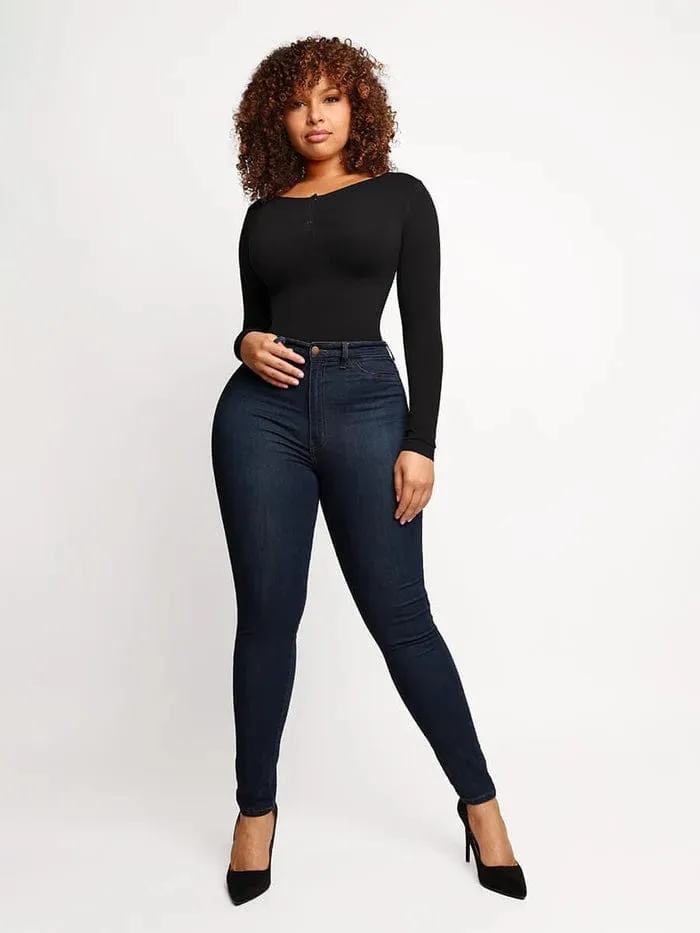 High Compression Scoop Neck Long Sleeve Thong Shapewear Bodysuit