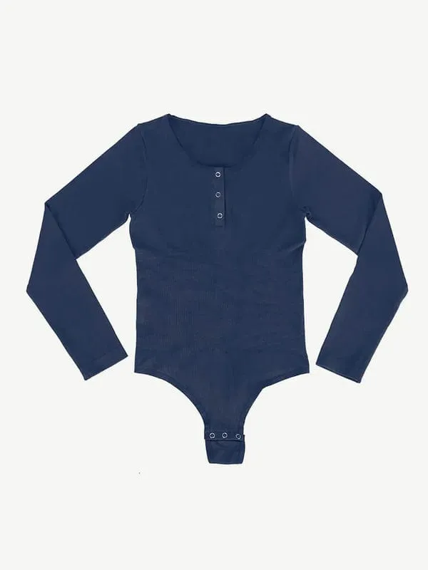 High Compression Scoop Neck Long Sleeve Thong Shapewear Bodysuit