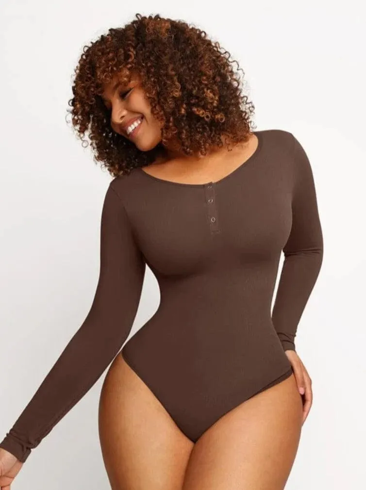 High Compression Scoop Neck Long Sleeve Thong Shapewear Bodysuit