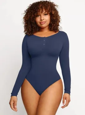 High Compression Scoop Neck Long Sleeve Thong Shapewear Bodysuit