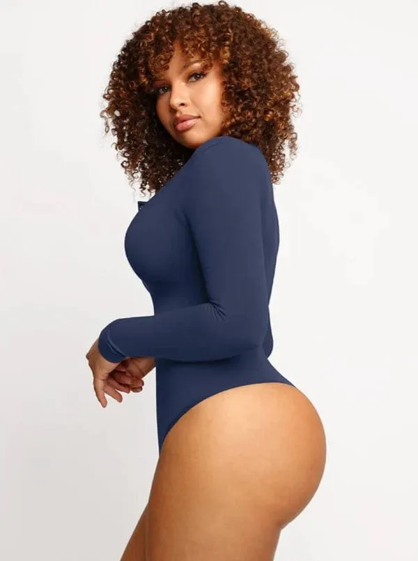 High Compression Scoop Neck Long Sleeve Thong Shapewear Bodysuit