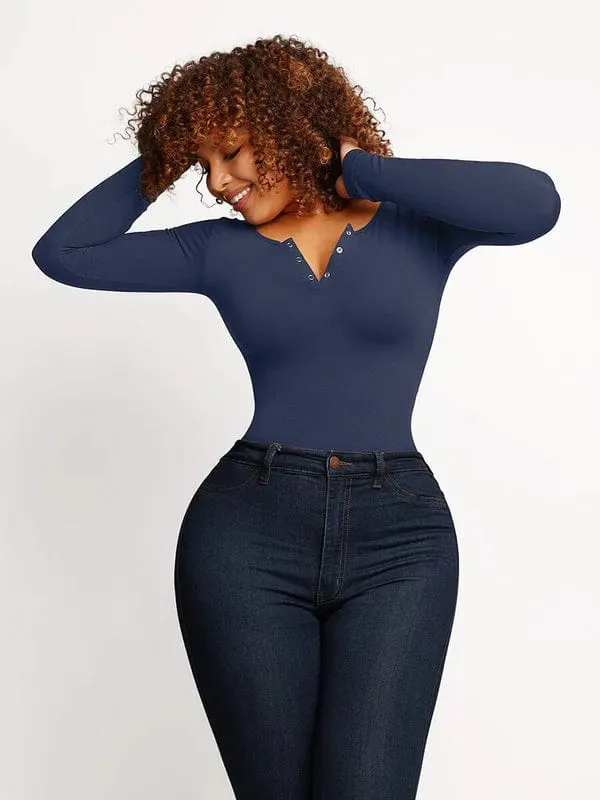 High Compression Scoop Neck Long Sleeve Thong Shapewear Bodysuit