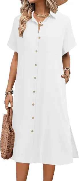 HOTOUCH Womens Dress Summer Casual Midi Short Sleeve Button Down Shirt Dresses Loose Beach Cover Up with Pockets