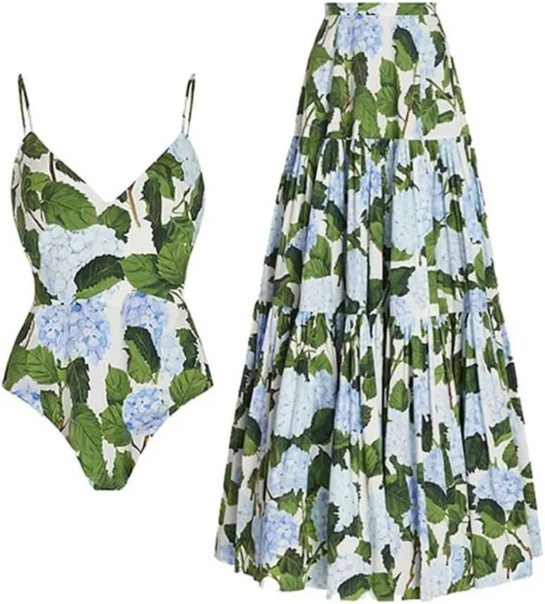 IDOPIP Women's One Piece Swimsuit with Beach Cover up Wrap Skirt Sarong Retro Floral Print Bikini Set Two Piece Bathing Suits