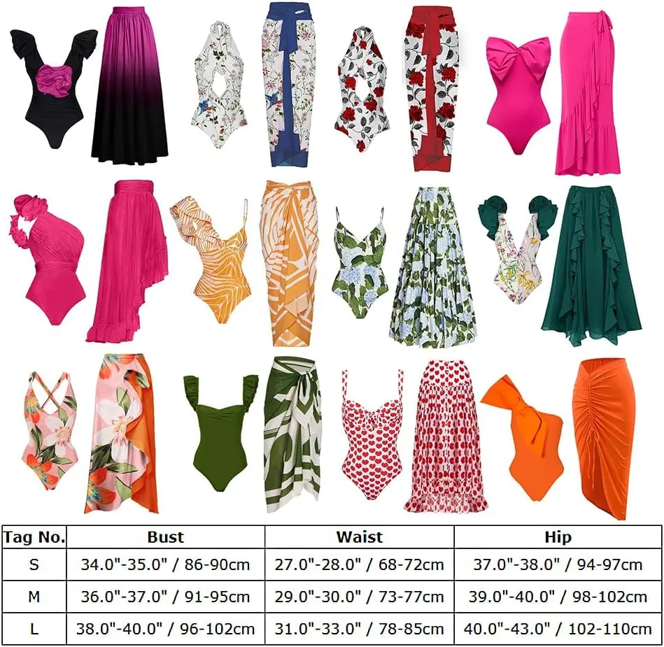 IDOPIP Women's One Piece Swimsuit with Beach Cover up Wrap Skirt Sarong Retro Floral Print Bikini Set Two Piece Bathing Suits