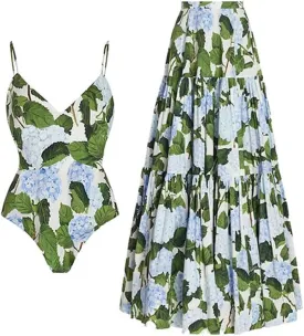 IDOPIP Women's One Piece Swimsuit with Beach Cover up Wrap Skirt Sarong Retro Floral Print Bikini Set Two Piece Bathing Suits