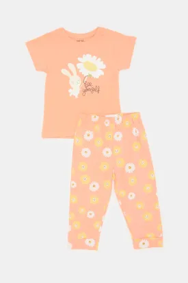 Infant Girls Peach Bunny Print Pyjama Set (2 Piece)
