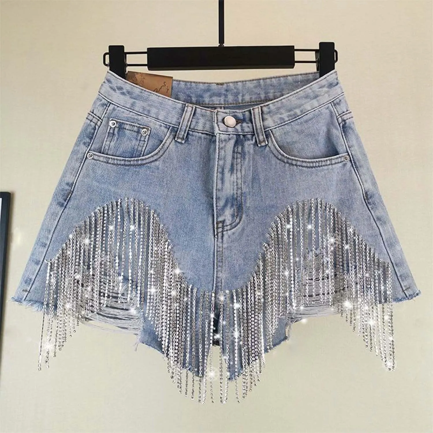 Jean Shorts Womens High Waisted Ripped Soft Rhinestone Pearl Beaded Fringe Comfy Tassel Denim Short Raw Hem Frayed Shorts