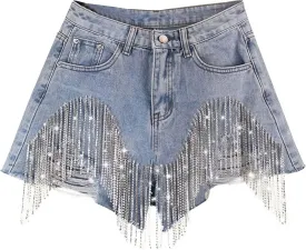 Jean Shorts Womens High Waisted Ripped Soft Rhinestone Pearl Beaded Fringe Comfy Tassel Denim Short Raw Hem Frayed Shorts