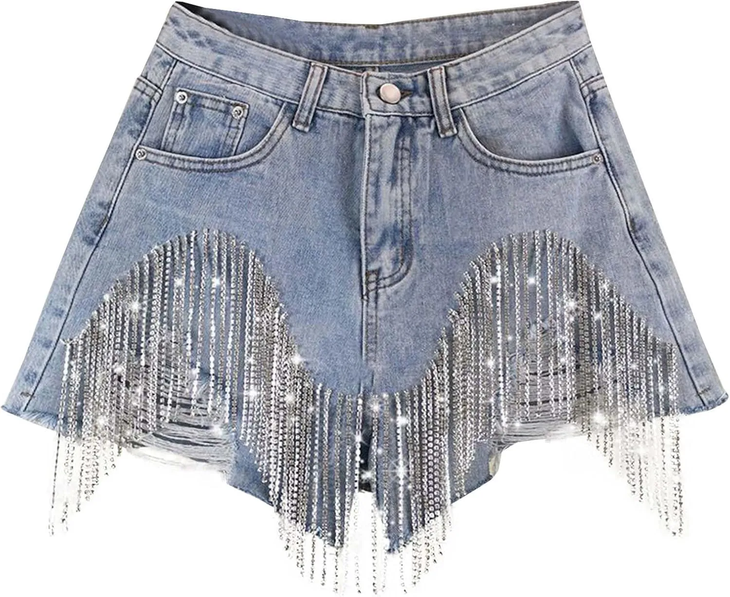 Jean Shorts Womens High Waisted Ripped Soft Rhinestone Pearl Beaded Fringe Comfy Tassel Denim Short Raw Hem Frayed Shorts