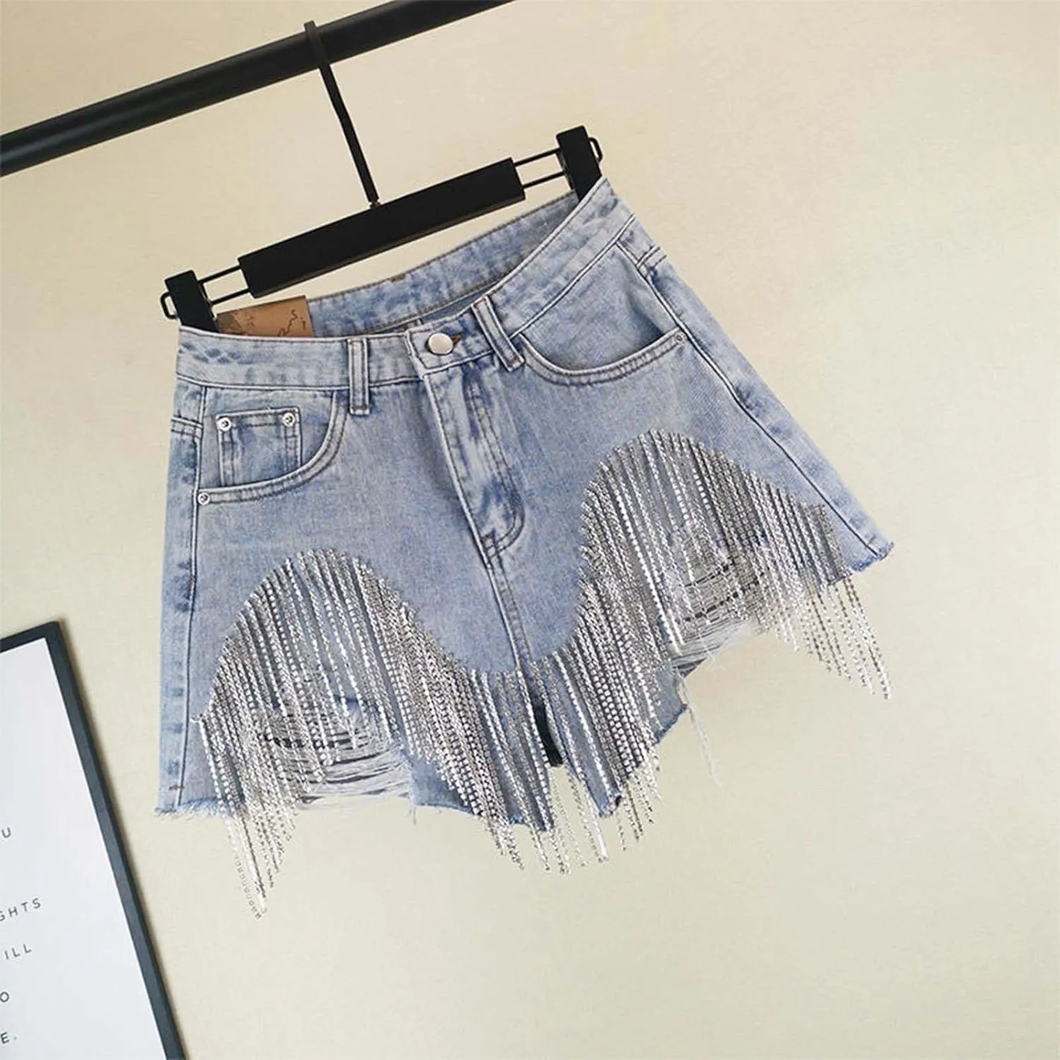 Jean Shorts Womens High Waisted Ripped Soft Rhinestone Pearl Beaded Fringe Comfy Tassel Denim Short Raw Hem Frayed Shorts