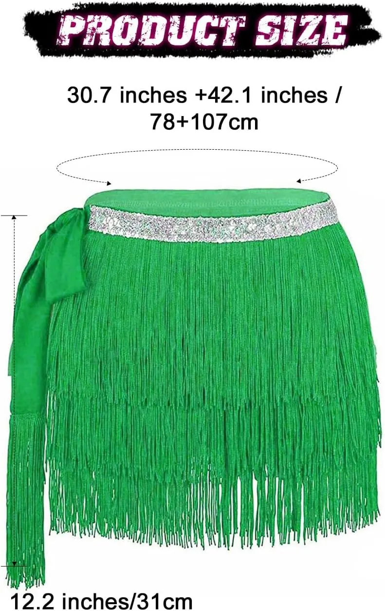 Kakaco Fringe Belly Skirt Sequin Tassel Dance Skirt Short Belly Hip Scarf Rave Party Skirts for Women and Girls