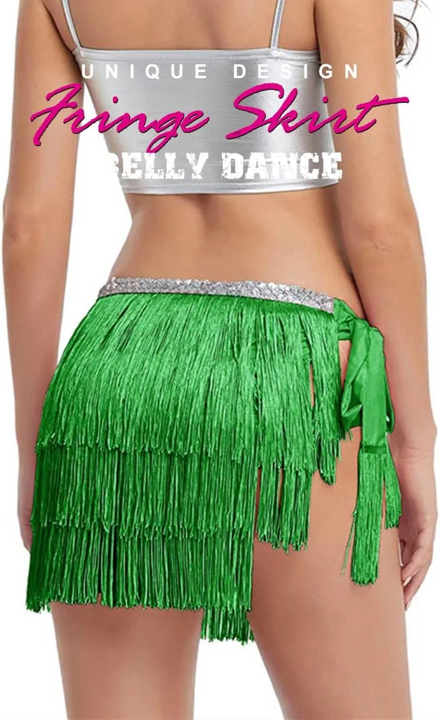 Kakaco Fringe Belly Skirt Sequin Tassel Dance Skirt Short Belly Hip Scarf Rave Party Skirts for Women and Girls