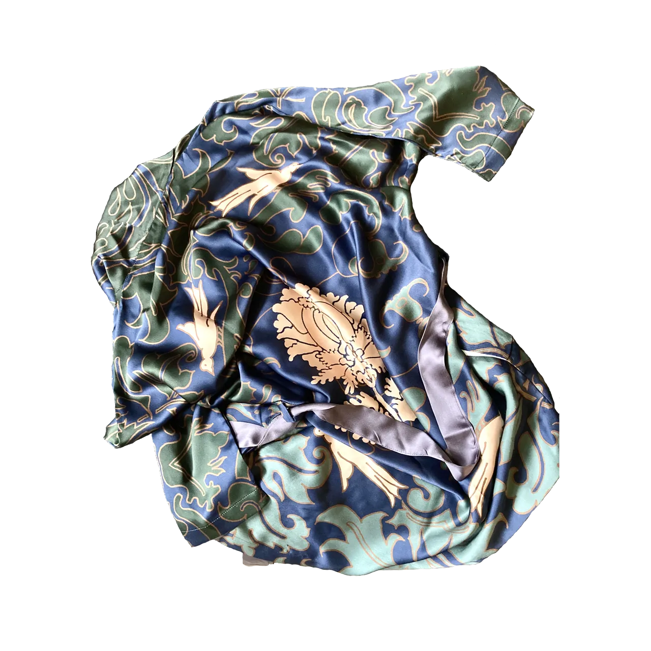 Kimono Silk Robe - Blue and Green Damask