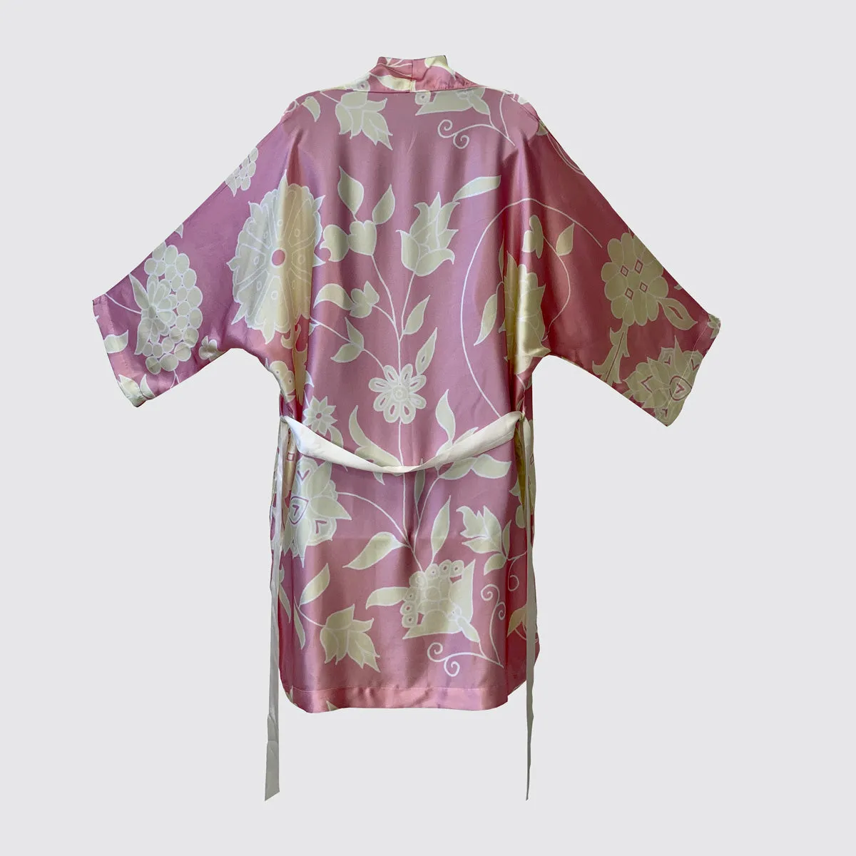 Kimono Silk Robe - Pink With Cream Floral Design