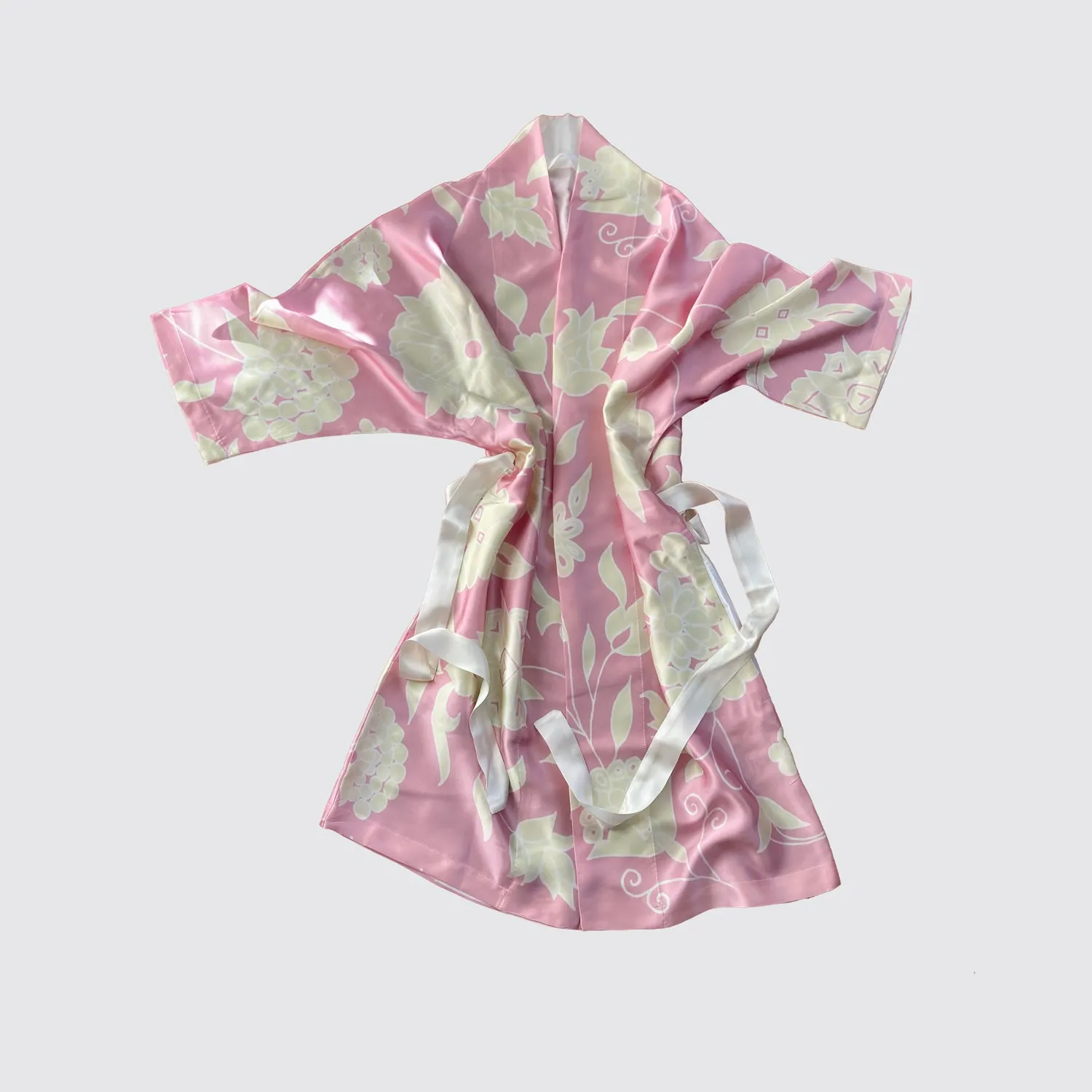 Kimono Silk Robe - Pink With Cream Floral Design