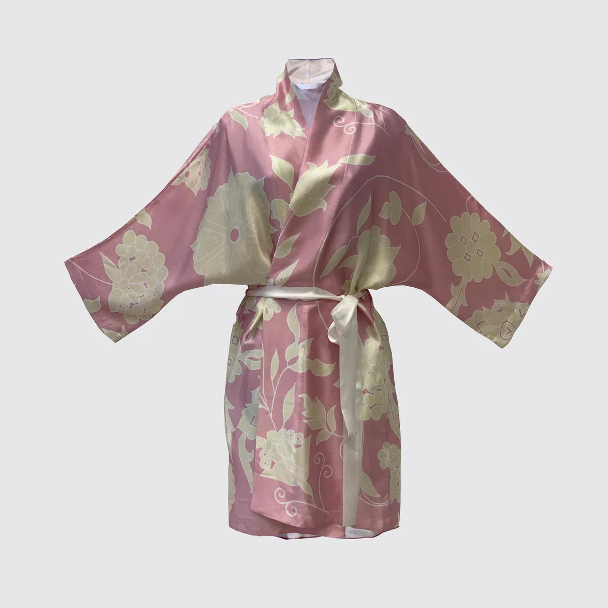 Kimono Silk Robe - Pink With Cream Floral Design