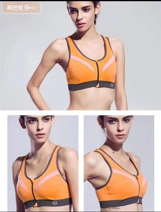 Ladies Sports Bra - Yoga Bra - Orange Zipper Sports Bra - Padded Gym Bra
