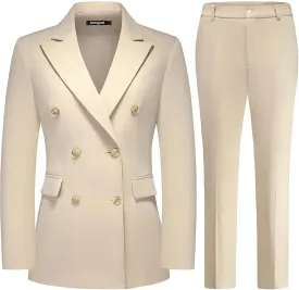 Lamgool Women Pants Suit Double Breasted 2 Piece Blazer Set Work Casual Jacket Outfits for Business