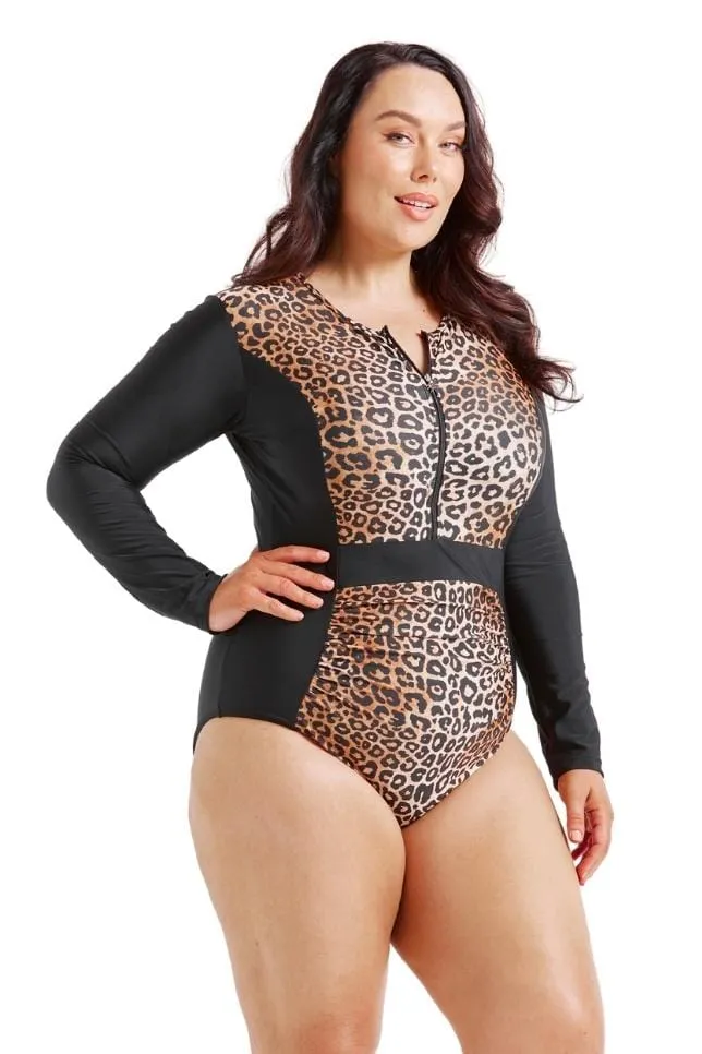 Leopard Zip Up Long Sleeve One Piece | Sustainable Swimwear